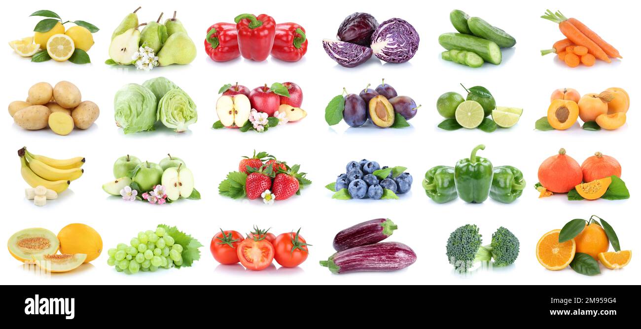 Frutta e verdura fondo raccolta isolato su bianco con mela limone pomodori arancio frutta fresca collage Foto Stock