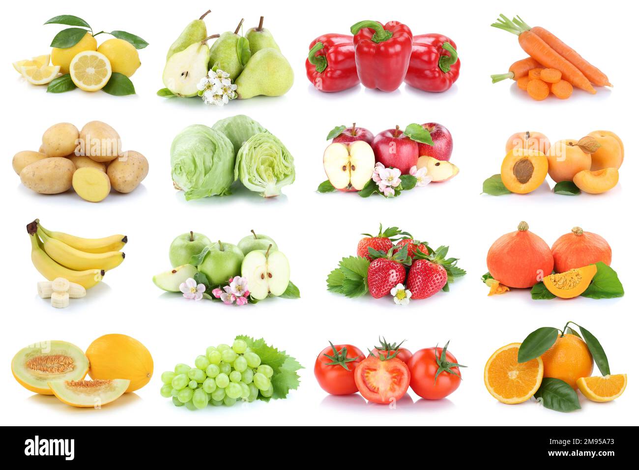 Frutta e verdura raccolta di fondo isolato su bianco con pomodori di mela arancia collage di frutta fresca Foto Stock