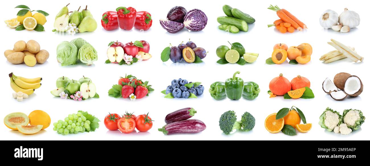 Striscione di fondo per frutta e verdura isolato su bianco con mela limone pomodori arancia collage di frutta fresca Foto Stock