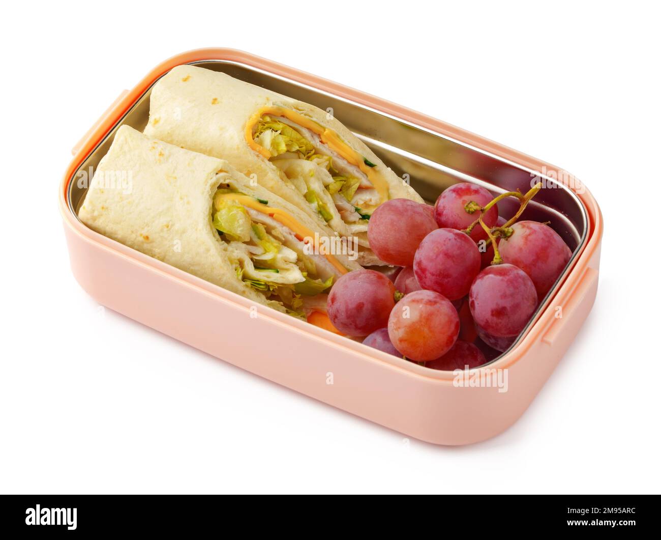 Consegna di alimenti sani in scatola da togliere isolata su sfondo bianco Foto Stock
