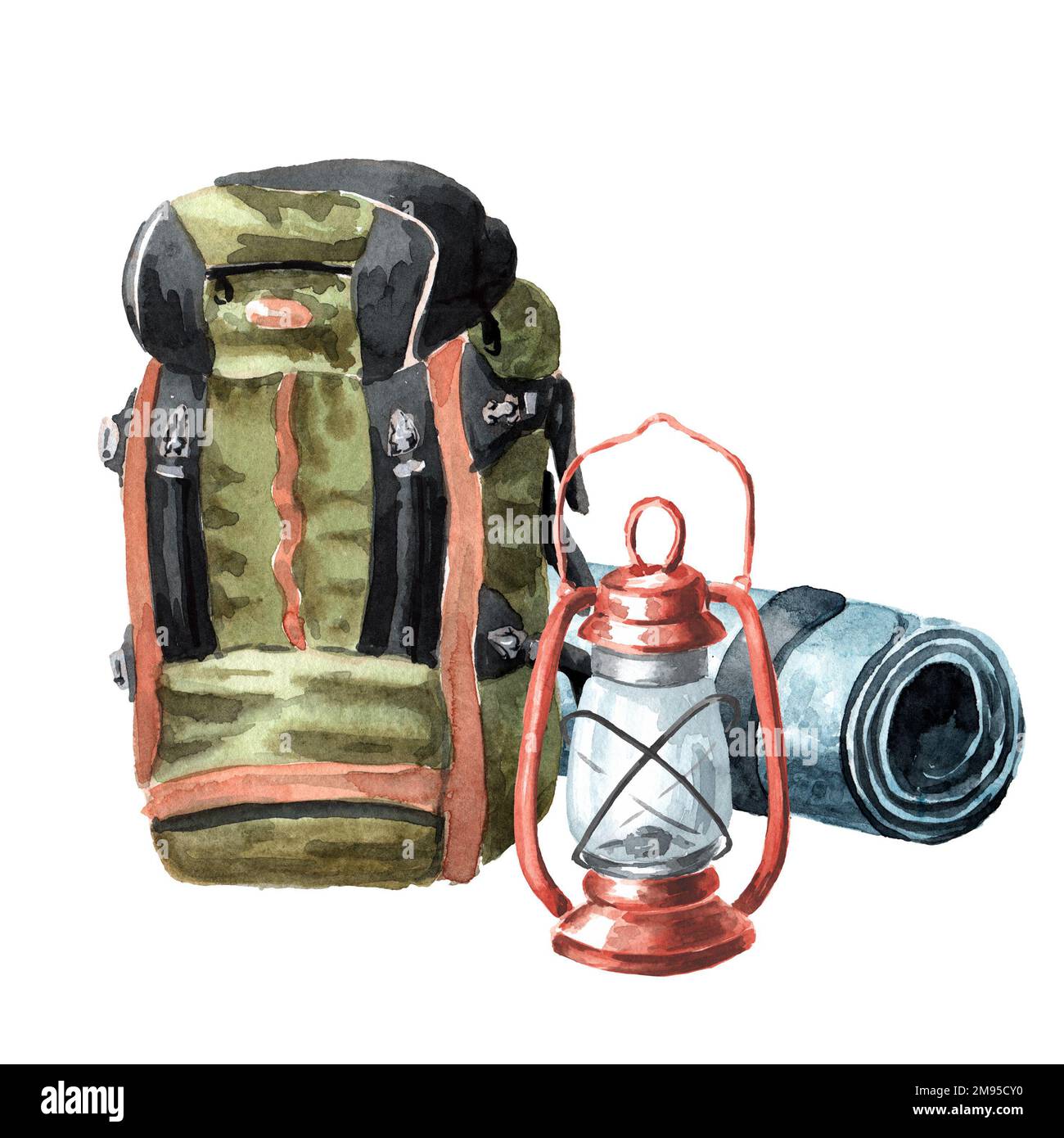 Zaino verde e lanterna da campeggio. Concetto di escursionismo. Illustrazione disegnata a mano acquerello isolato su sfondo bianco Foto Stock