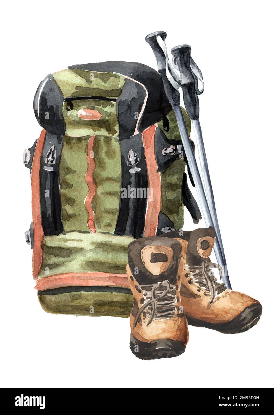 Zaino verde e stivali da trekking. Illustrazione di acquerello disegnata a mano isolata su sfondo bianco Foto Stock
