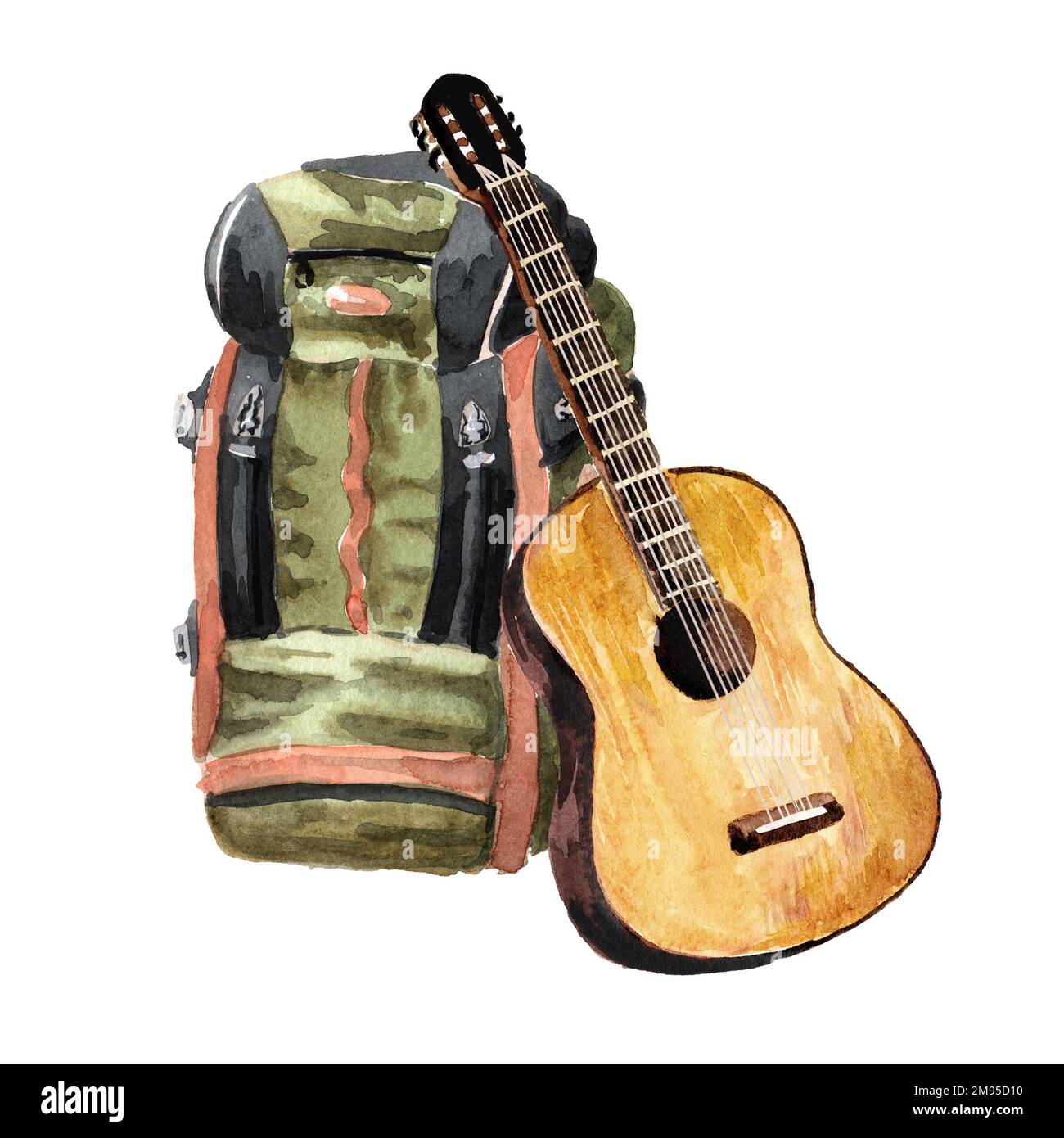 Zaino da trekking e chitarra. Concetto di campeggio. Illustrazione di acquerello disegnata a mano isolata su sfondo bianco Foto Stock