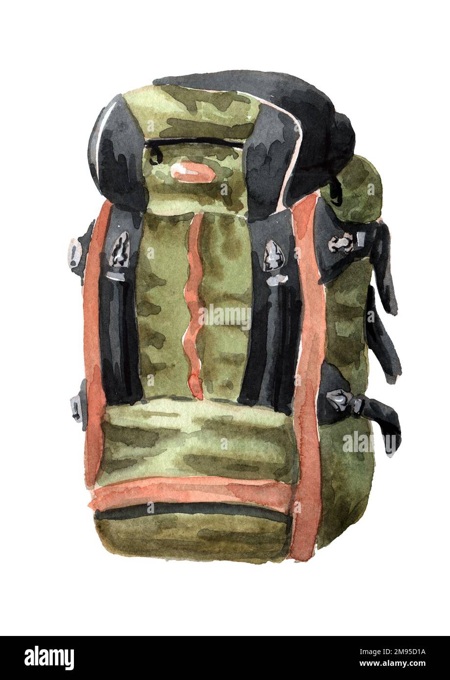 Zaino da trekking. Illustrazione di acquerello disegnata a mano isolata su sfondo bianco Foto Stock