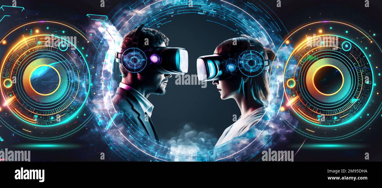 Design collage concept ai metaverse con uomo e donna che indossano visore VR, uomo e donna con occhiali intelligenti tecnologia futuristica IA generativa Foto Stock