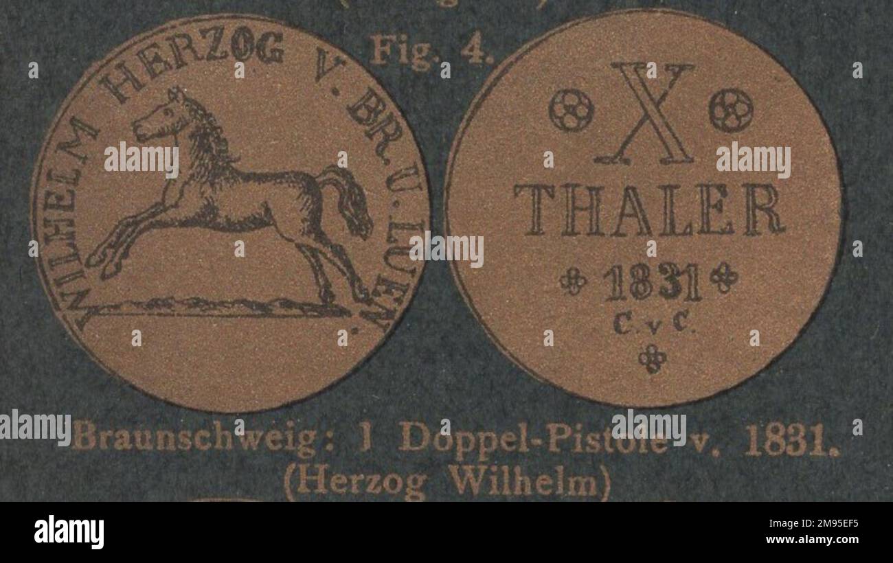 Antico 19th ° secolo germania numismatica catalogo a monete illustrato con interessanti tecniche di stampa / monete antiche / moneta d'epoca / Antiker numismatischer illustratore Katalog aus dem 19. Jahrhundert mit interessanter Drucktechnik : Braunschweig : 1 Doppel-Pistole v. 1831. ( Herzog Wilhelm) / Brunswick : 1 doppia pistola v. 1831. ( Duca Guglielmo) / Thaler / Guglielmo, Duca di Brunswick Foto Stock