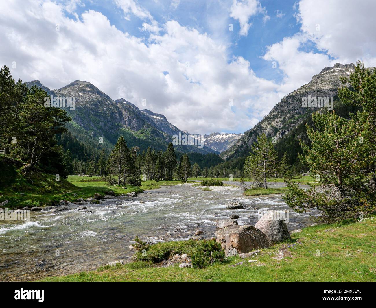 Dipartimento degli alti Pirenei (Pirenei alti, Francia sud-occidentale): Paesaggio montano del massiccio di Gaube. Qui, il torrente di montagna "Gave de Gaube" un Foto Stock