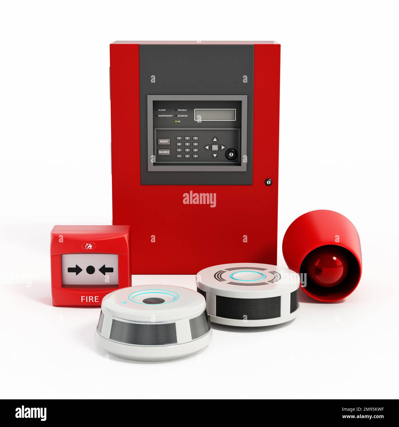Sistema di monitoraggio allarme rivelazione incendio. Illustrazione 3D. Foto Stock
