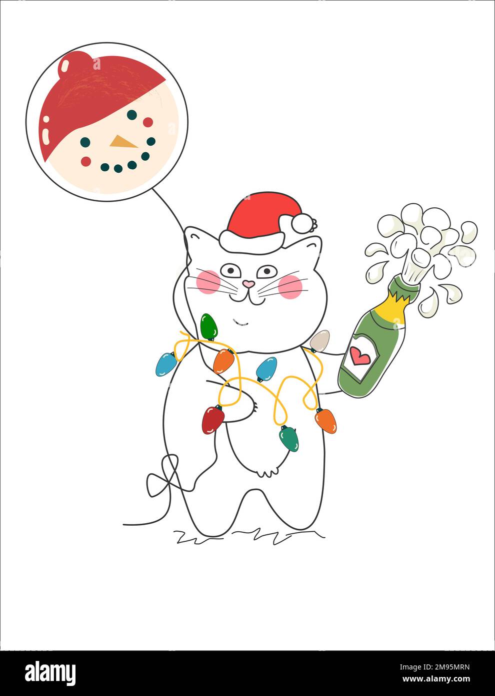 Vettore Illustration.a gatto bianco con palloncino come pupazzo di neve e bottiglia di champagne.isolate sfondo bianco. Illustrazione Vettoriale