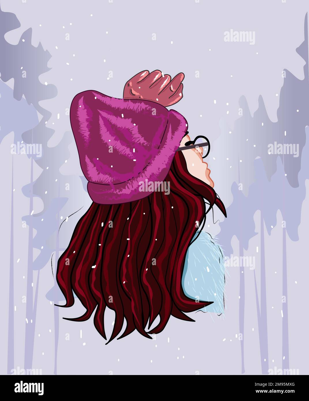 Illustrazione vettoriale la ragazza in un cappello rosa con un capello rosso in posizione invernale Illustrazione Vettoriale