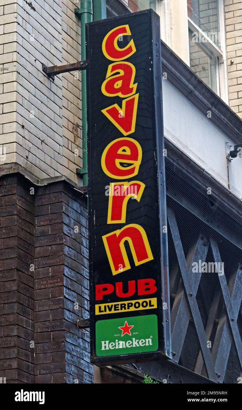 Cartello a Cavern Walks, The Cavern Club, pub e altri locali, 10 Mathew St, Liverpool, Merseyside, England, REGNO UNITO, L2 6RE Foto Stock