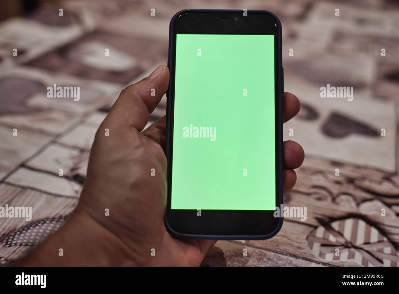 Mano che tiene lo smartphone, schermo verde Foto Stock