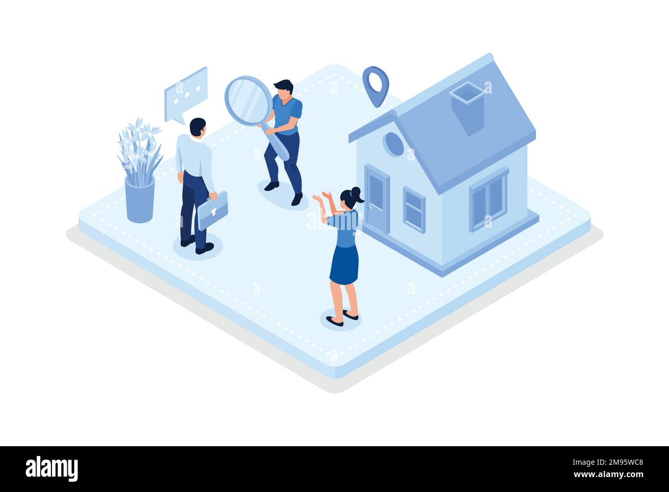 Personaggi che cercano e scelgono l'appartamento o la casa per affittare o comprare. Concetto di mercato immobiliare, disegno vettoriale isometrico moderno Illustrazione Vettoriale
