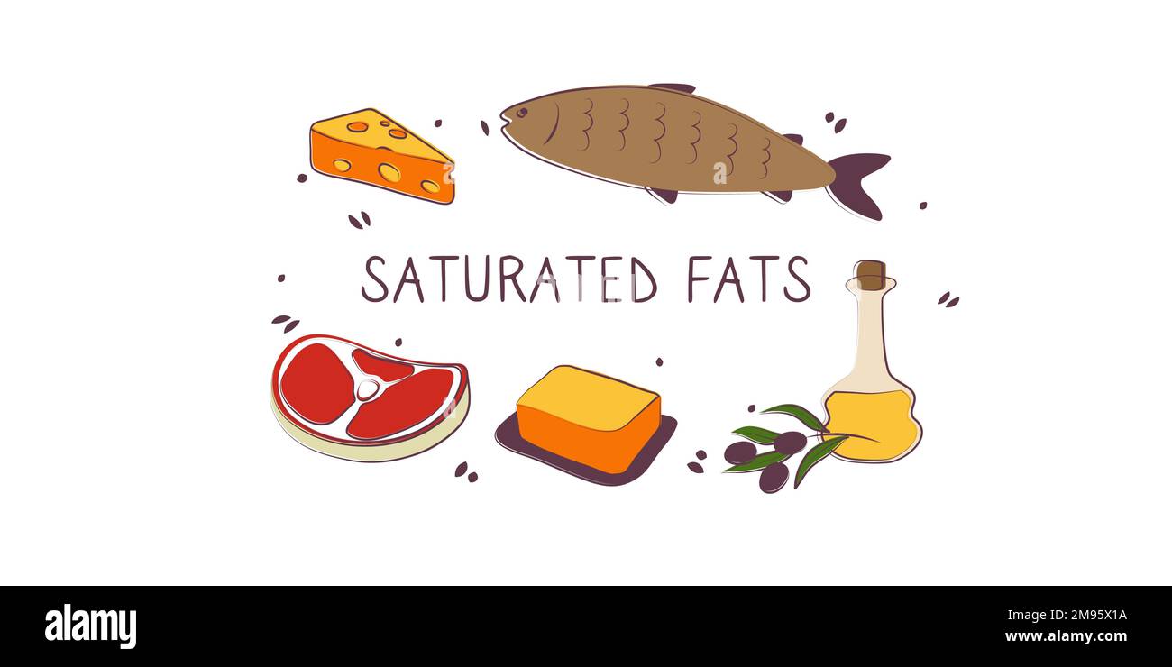 Alimenti saturi contenenti acidi grassi. Gruppi di prodotti sani contenenti vitamine e minerali. Set di frutta, verdura, carne, pesce e latticini. Illustrazione Vettoriale