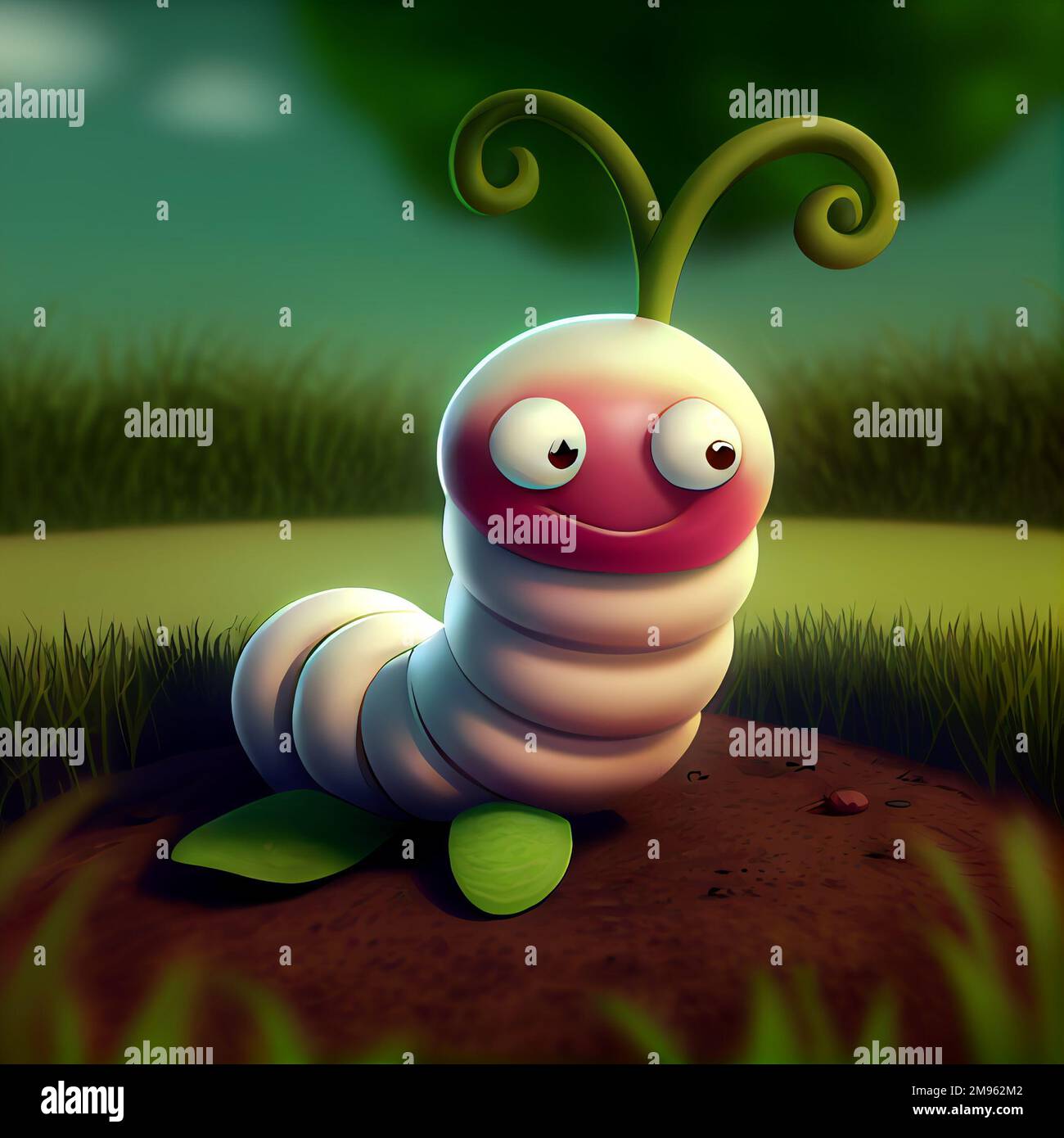 Personaggio dei vermi cartoni animati, carino bruco o compost worm 3D  personage, simpatico terriccio sorridente, larva o insetto grub in giardino  o sfondo foresta. A Foto stock - Alamy