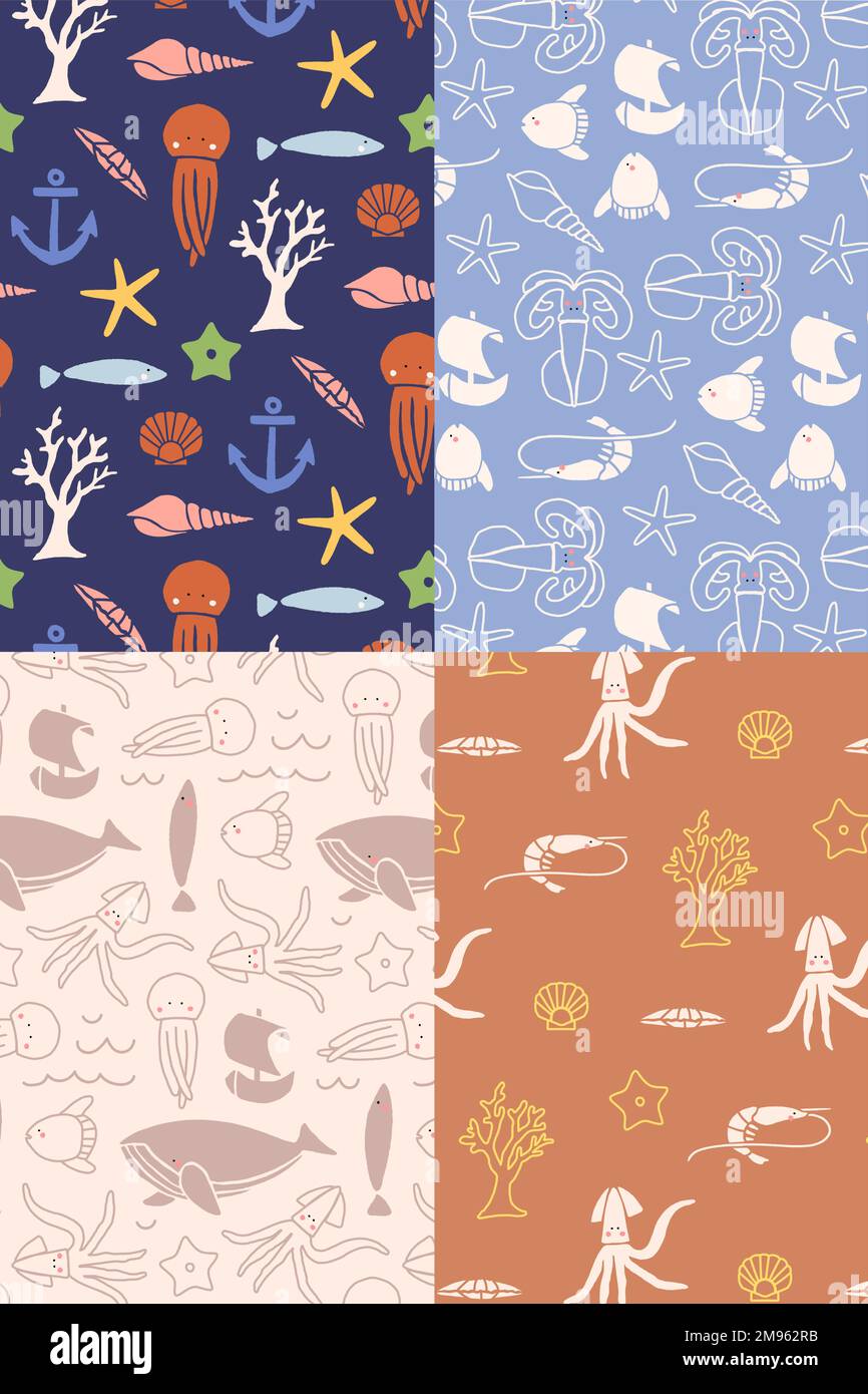 Animali subacquei senza giunture vettore di raccolta pattern Illustrazione Vettoriale