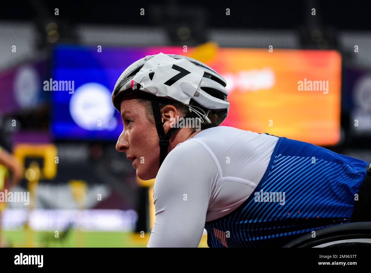 Tatyana McFadden atleta di sedie a rotelle che gareggia nel 800m T54 ai Campionati mondiali di Para Athletics 2017 allo Stadio Olimpico di Londra, Londra, Regno Unito Foto Stock