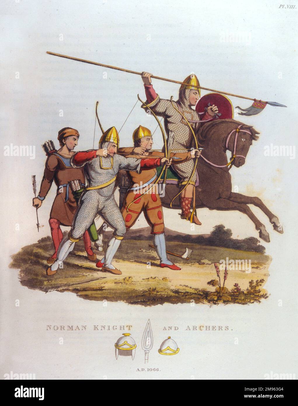 Un cavaliere normanno e arcieri Foto Stock