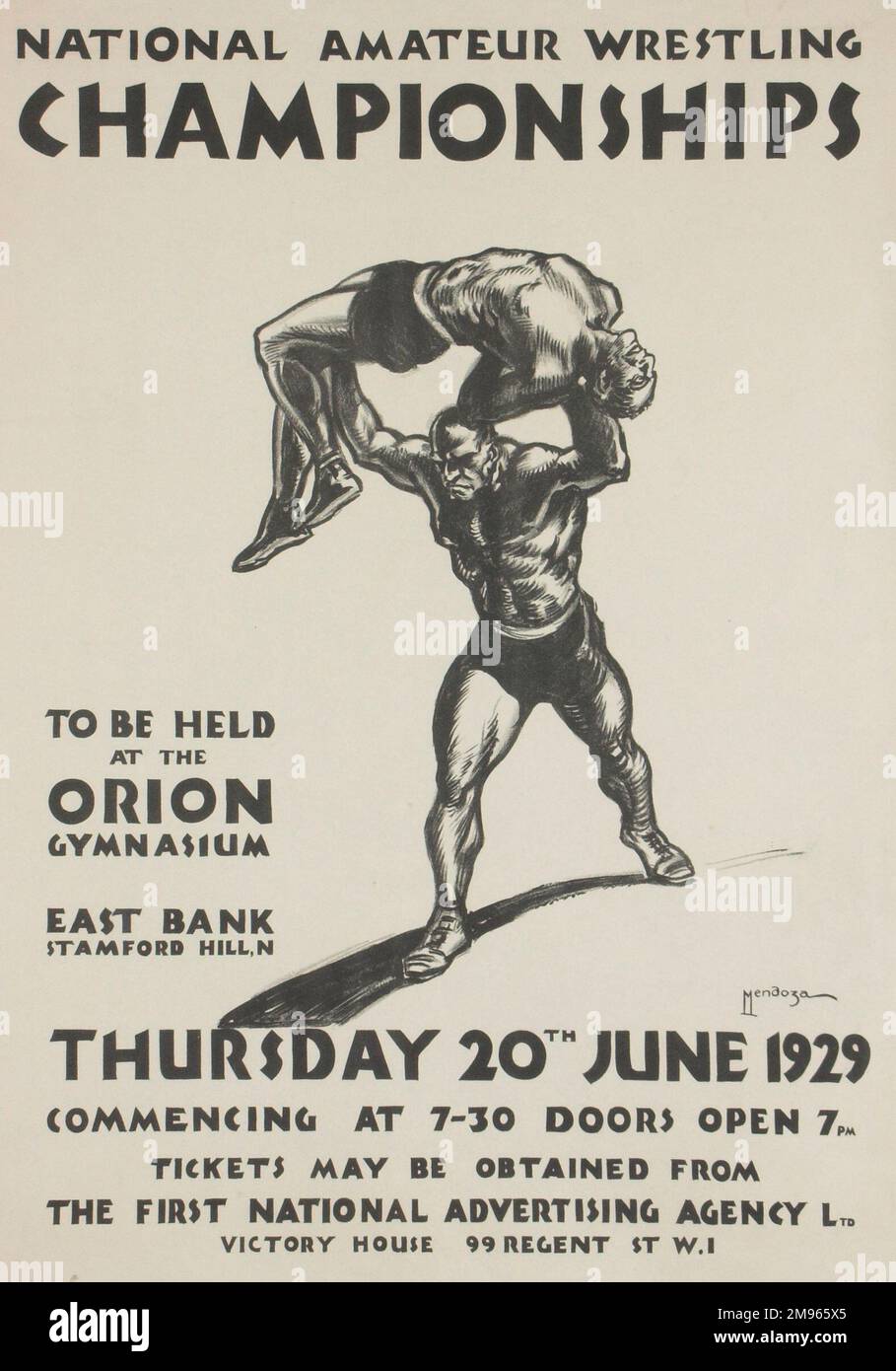 Manifesto pubblicitario i Campionati nazionali di wrestling dilettanti che si terranno presso la Orion Gymnasium, East Bank, Stamford Hill, North London, il 20 giugno 1929. Foto Stock