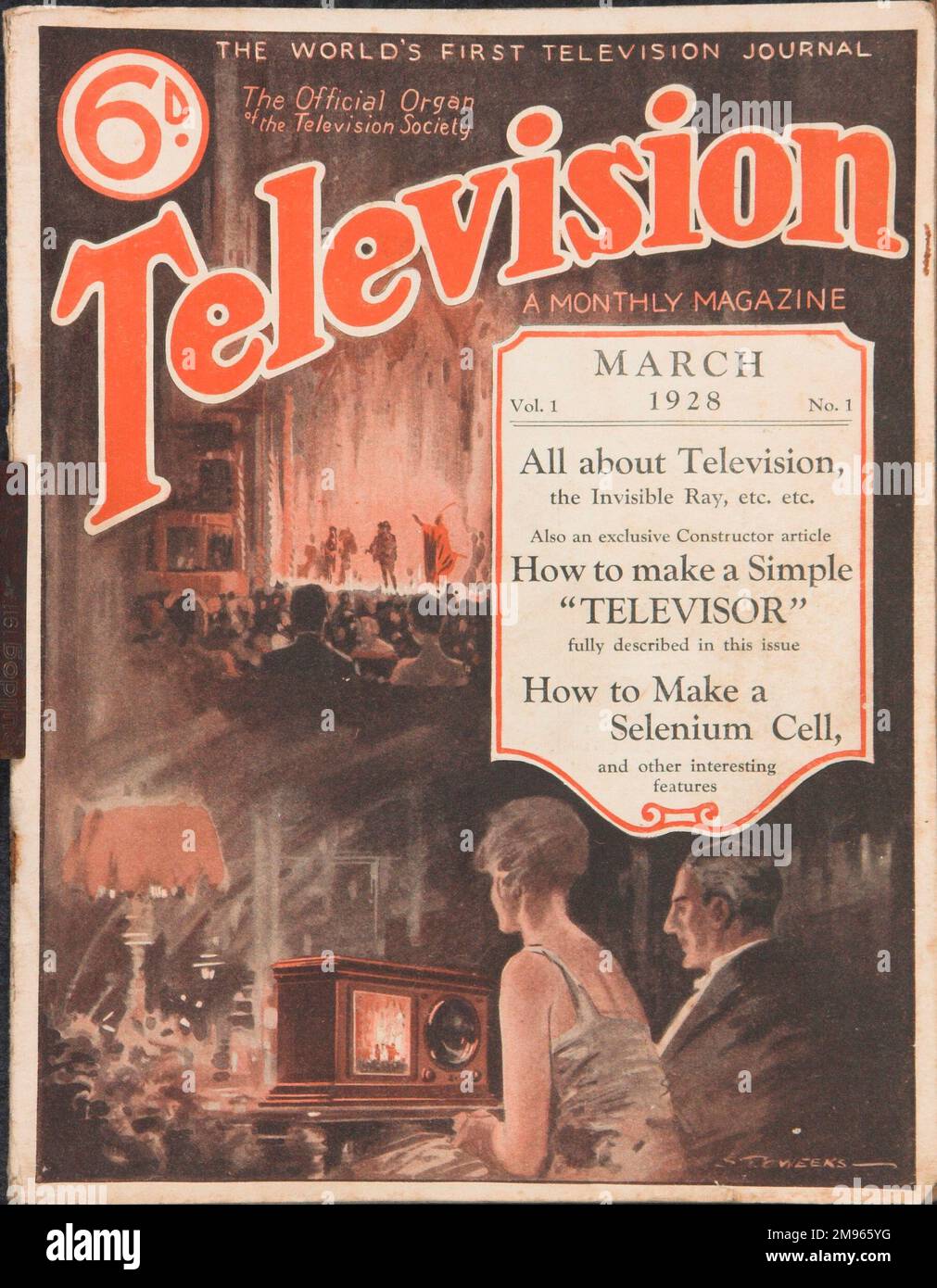 Design della copertina per la rivista Television, la prima rivista televisiva al mondo dal marzo 1928 al costo di 6d. I suoi contenuti includono come fare un semplice telvisore e come fare una cellula di selenio. Foto Stock