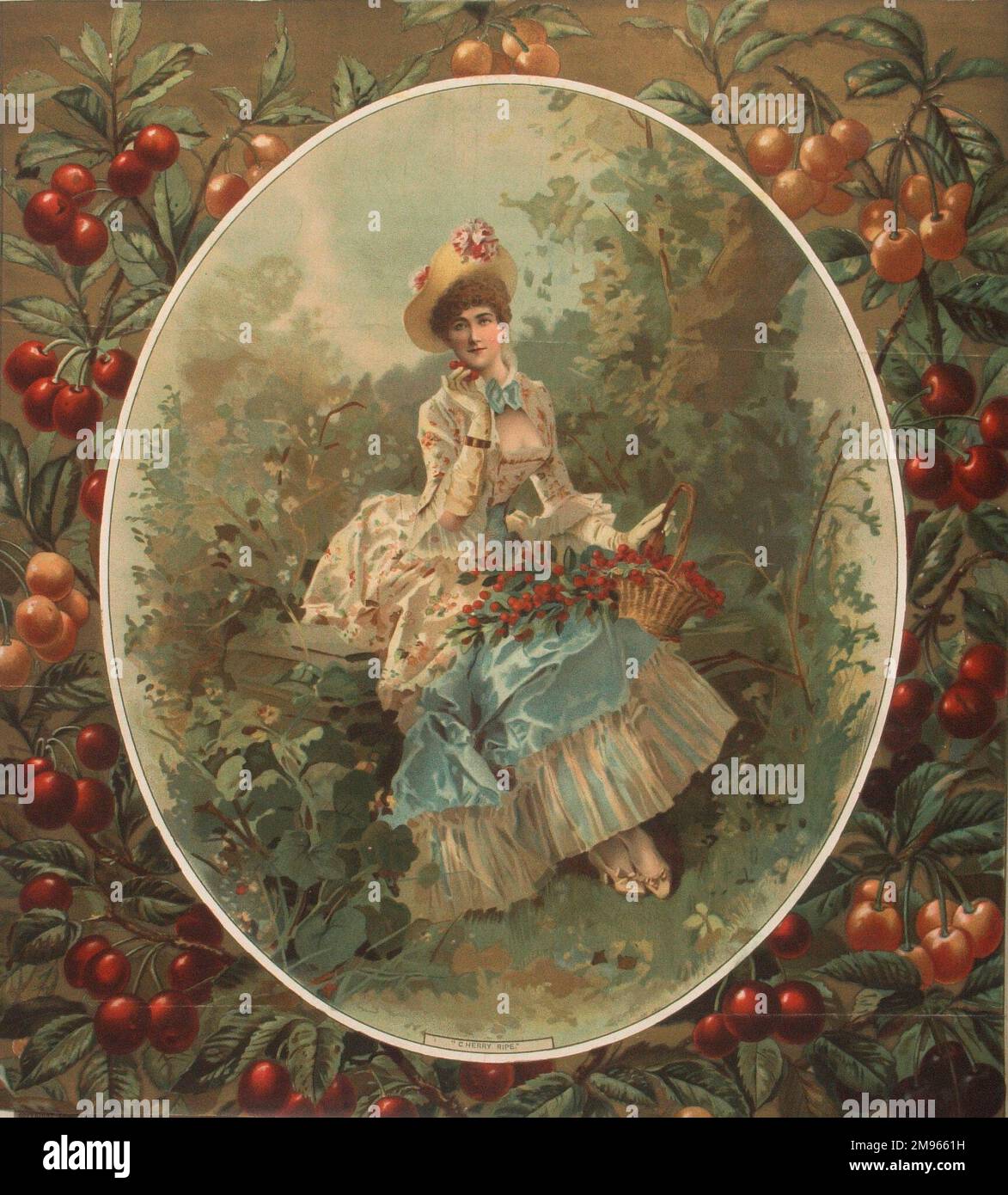 Una donna vestita in costume del 18th ° secolo si aiuta a un cesto di ciliegie. Foto Stock