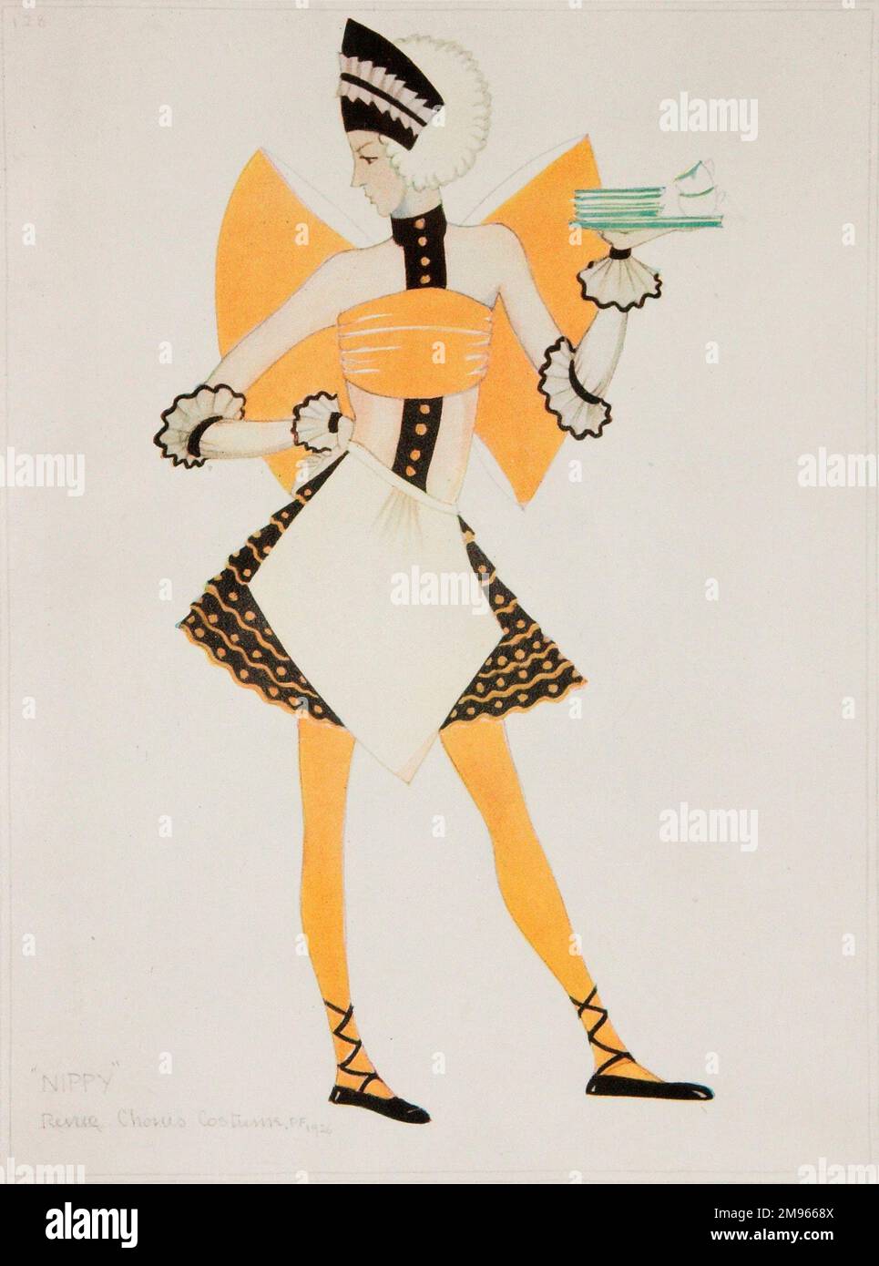 Un costume teatrale basato sulle uniformi indossate da cameriere o 'stuzzichini' nelle sale da tè di Lione. Foto Stock