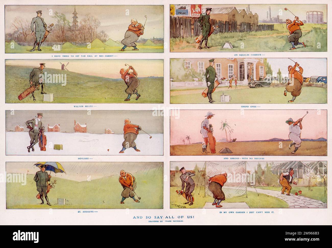 Un cartone animato sequenziale che mostra un paziente accompagnamento caddy un golfer tenacious mentre affronta un'ampia varietà di randelli e verdi. Foto Stock