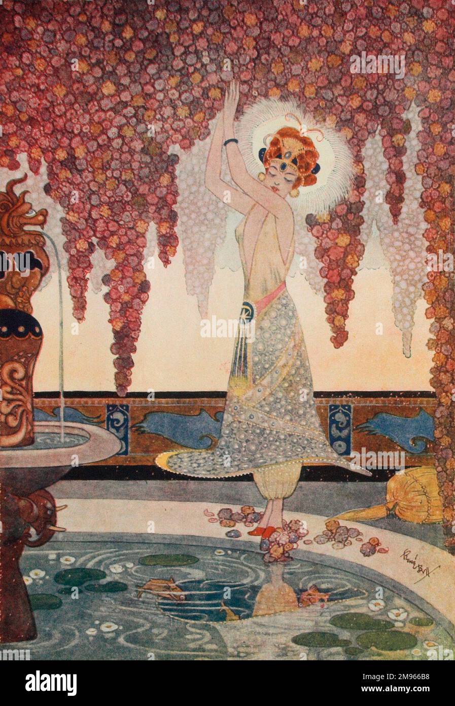 Un'illustrazione stilizzata di Rene Bull (1872-1942) che mostra una ballerina esotica con un rivestimento scantly in un bel giardino appeso alla frutta. Bull aveva viaggiato in Medio Oriente e qui si esprime l'influenza dell'arte orientale e delle usanze arabe. Foto Stock