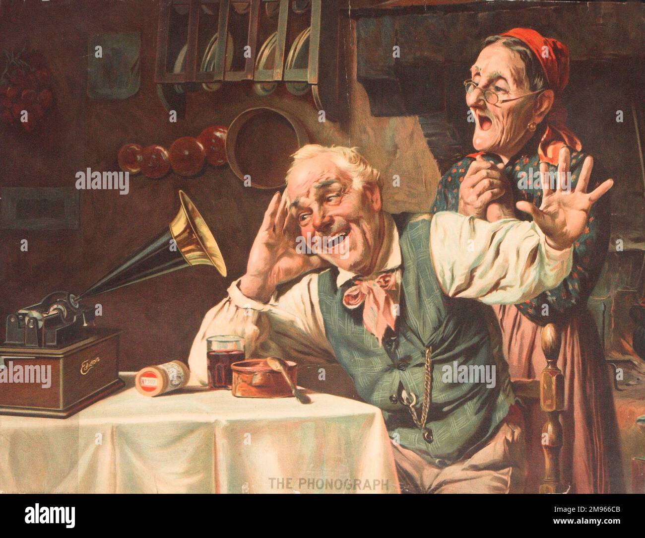Illustrazione che mostra una coppia di giovani anziani che si gode i suoni di una nuova invenzione - il fonografo. I cilindri di cera possono essere visti sulla tabella dalla macchina. Foto Stock
