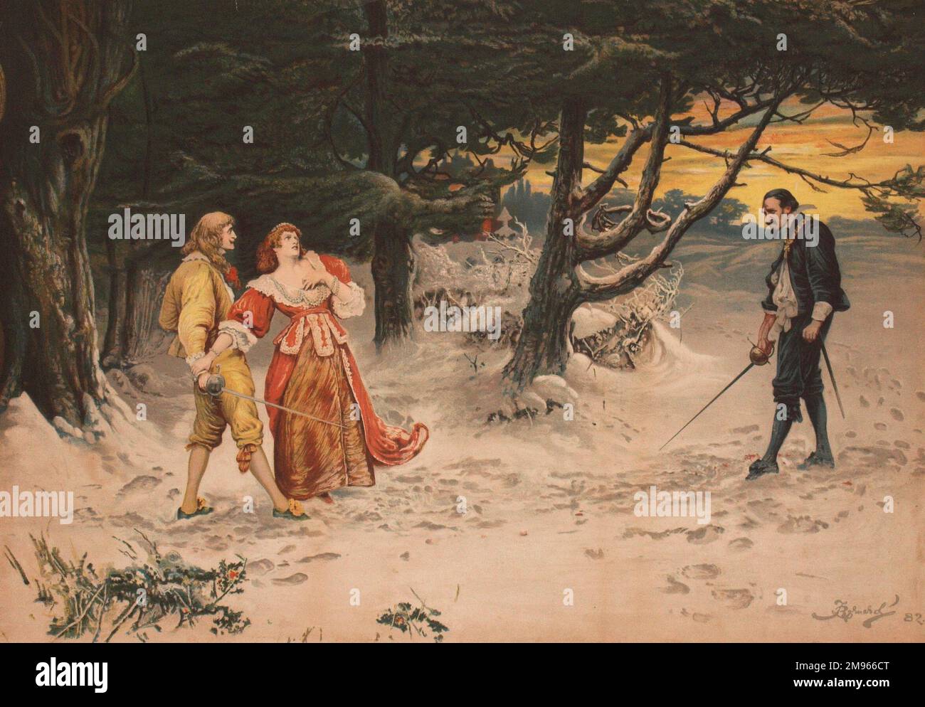 Dipinto di Fred Barnard raffigurante due uomini duellanti mentre una giovane donna si getta drammaticamente davanti a quella più giovane, più bello, meno malvagia. Foto Stock