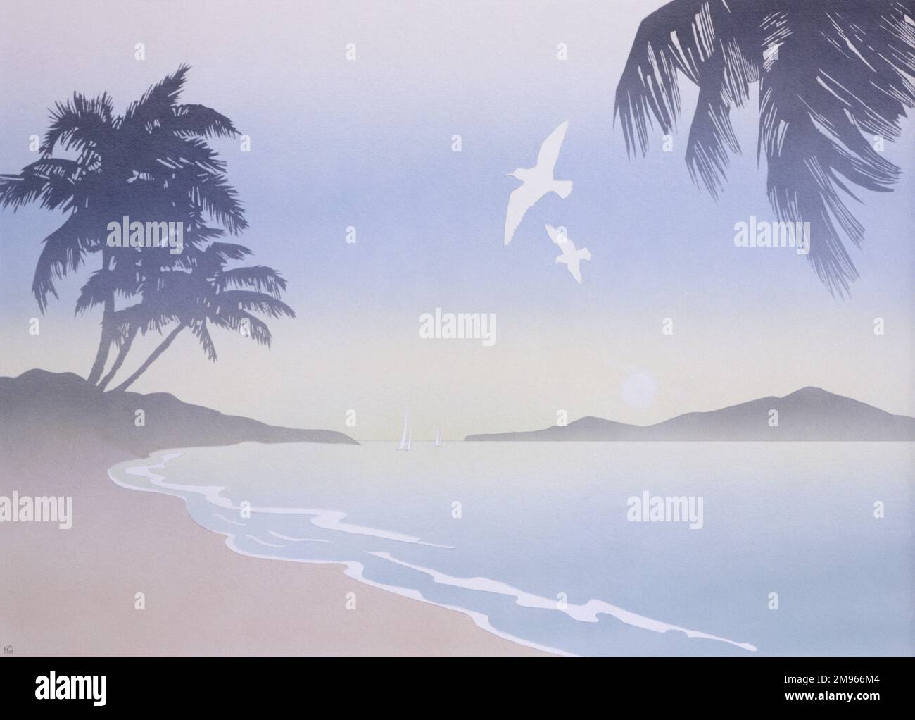 Due gabbiani volano su una spiaggia tropicale fiancheggiata da palme. Pittura ad aerografo di Malcolm Greensmith Foto Stock