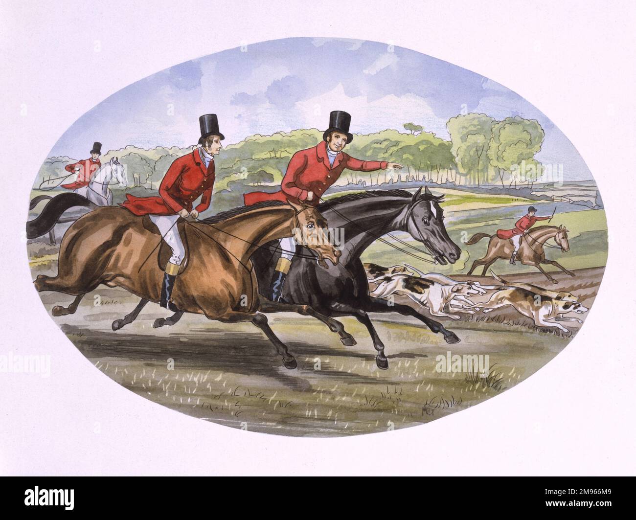 I cavalieri e i loro cani cacciano una volpe in questa ri-creazione di una scena di caccia dalla prima metà del 19th ° secolo. Dipinto di Malcolm Greensmith Foto Stock