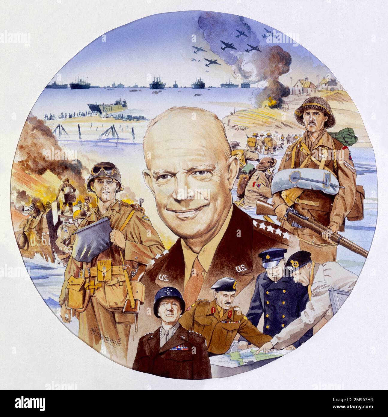 Un dipinto di montaggio circolare raffigurante il D Day, incentrato sul comandante delle forze statunitensi, il generale Eisenhower. Dipinto di Malcolm Greensmith Foto Stock