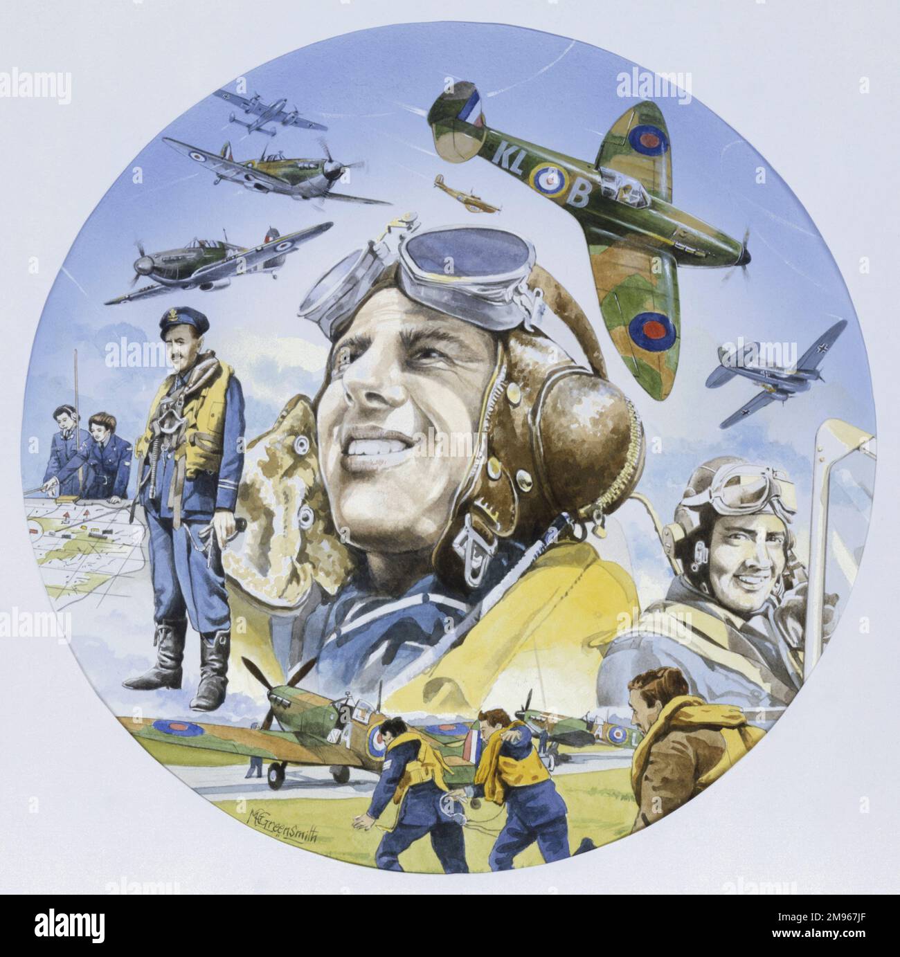 Un dipinto circolare raffigurante gli uomini coraggiosi della Royal Airforce sul terreno e in azione durante la Battaglia di Briatin Foto Stock