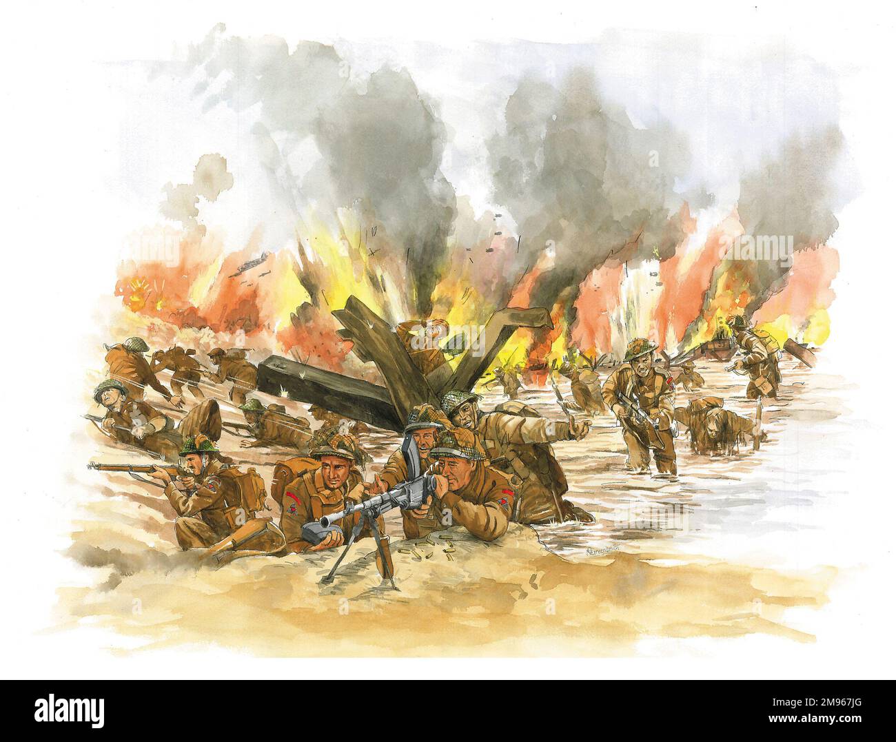 Una squadra britannica di mitragliatrici ha scavato in una spiaggia di Normandia durante la fase d'assalto dell'operazione Overlord - gli sbarchi alleati D-Day in Francia il 6th giugno 1944. Foto Stock