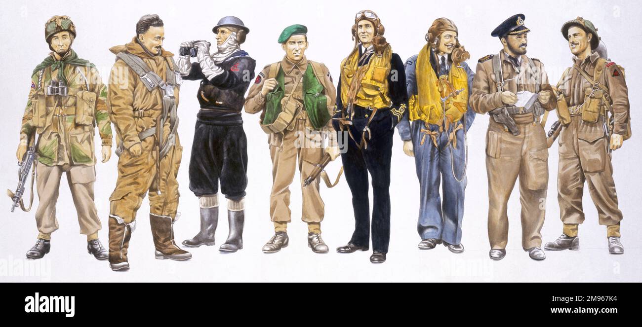 Un quadro di gruppo delle forze armate britanniche coinvolte nell'operazione Overlord - l'invasione del D-Day della Francia - il 6th 1944 giugno. Foto Stock