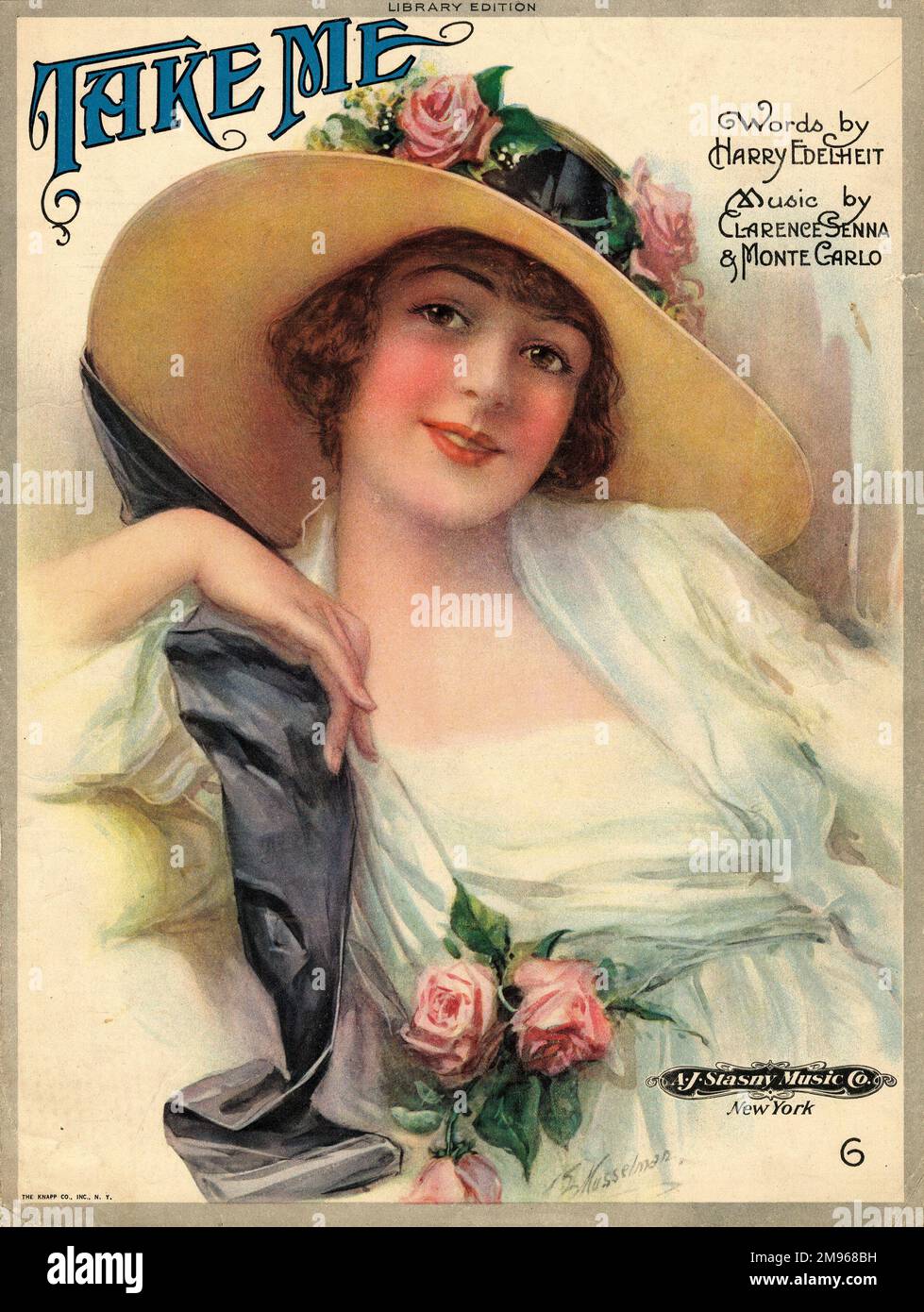 Una bella, sorridente signora su un spartiti, indossando un vestito bianco e un cappello largo-brimmed rifinito con rose rosa. La canzone si chiama Take Me, con parole di Harry Edelheit e musica di Clarence Senna e Monte Carlo. L'editore è Un J Stasny Music Co, New York. Foto Stock
