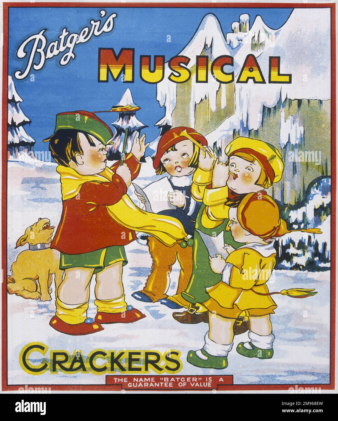Etichetta tratta da una scatola di batgers Musical Crackers con un gruppo di bambini dall'aspetto sgargiante che cantano carole natalizie in un paesaggio innevato. Foto Stock