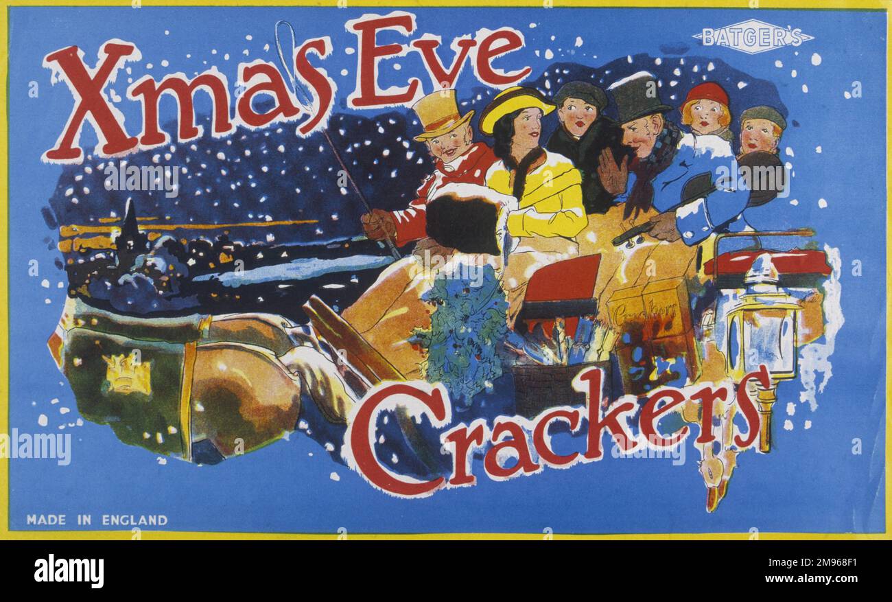 Festive Looking etichetta per una scatola di cracker di Natale con un gruppo di famiglia a cavallo in carrozza la vigilia di Natale. Foto Stock