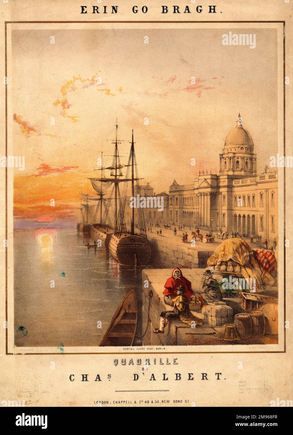 Copertina per il quadrillo Erin Go Bragh di Charles d'Albert (1809-1886), con vista sul Custom House Quay di Dublino, Irlanda, al tramonto. Erin Go Bragh (o Braugh) è l'anglicizzazione di una frase gaelica che esprime fedeltà all'Irlanda - una traduzione approssimativa sarebbe Irlanda per sempre. La quadrilla di D'Albert si basa su una melodia di Thomas Moore. Foto Stock