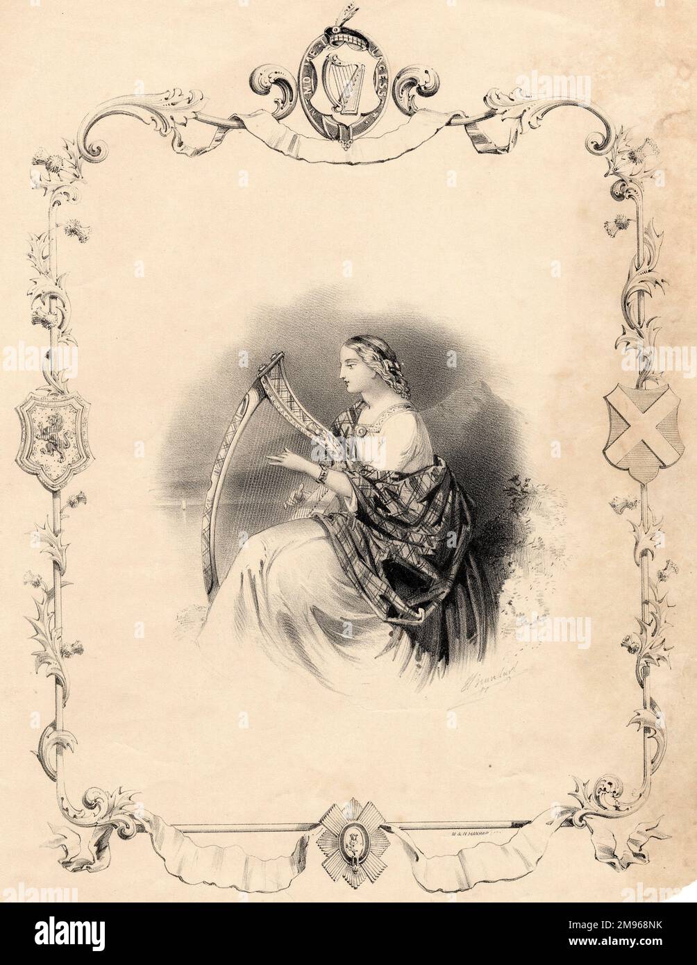 Una copertina musicale non identificata raffigurante una arpista scozzese  femminile che indossa uno scialle tartan e un costume medievale. L'emblema  in alto contiene le parole latine, Nemo Me Impune Lacessit, che è