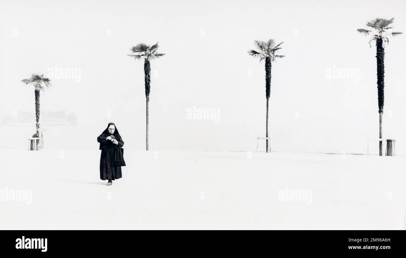 Una suora cammina verso la macchina fotografica, con quattro palme sullo sfondo. Foto Stock