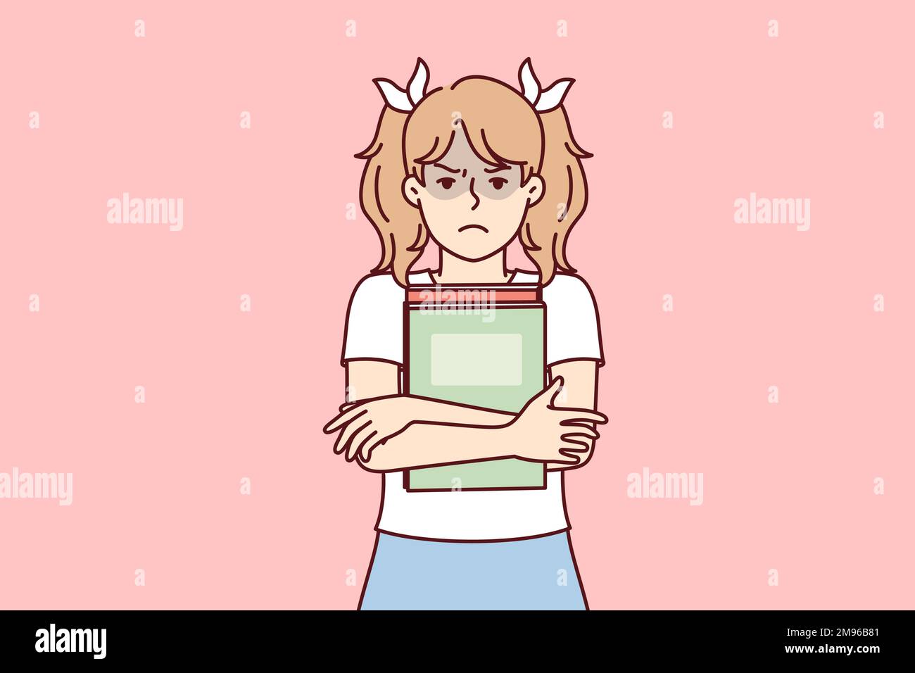 La ragazza con i libri di testo è sconvolta a causa dei gradi difettosi a scuola o la mancanza di amici fra i compagni di classe. Schoolgirl con i pigtail si alza stipando libri al petto e guardando la macchina fotografica. Immagine vettoriale piatta Illustrazione Vettoriale
