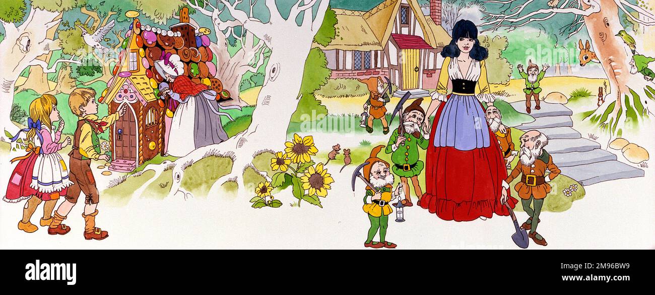 Hansel e Gretel - Biancaneve e i sette Nani - illustrazioni di Malcolm Greensmith a queste due classiche fiabe. Foto Stock