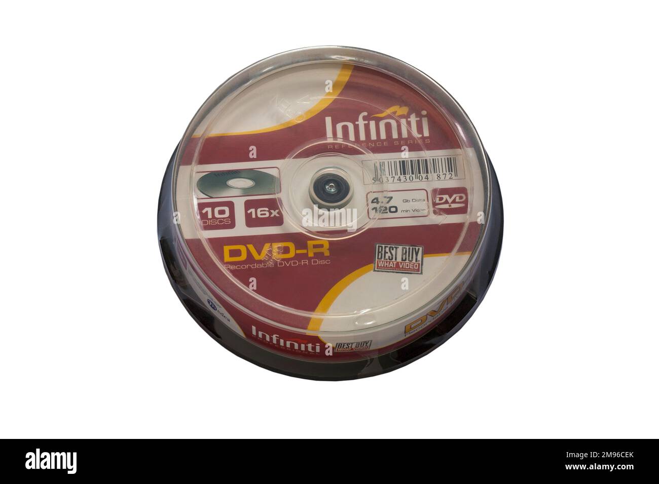 Mandrino del DVD-R registrabile DVD-R Infiniti serie reference isolato su sfondo bianco Foto Stock