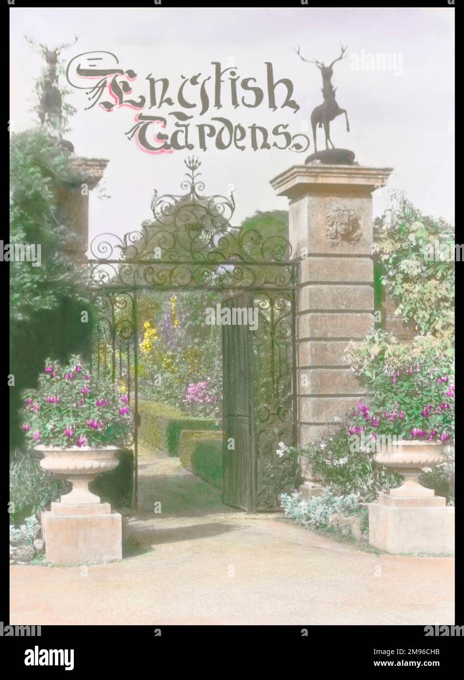 Immagine del titolo di una rivista inglese Gardens, che raffigura un giardino non identificato con un grande portale. Foto Stock