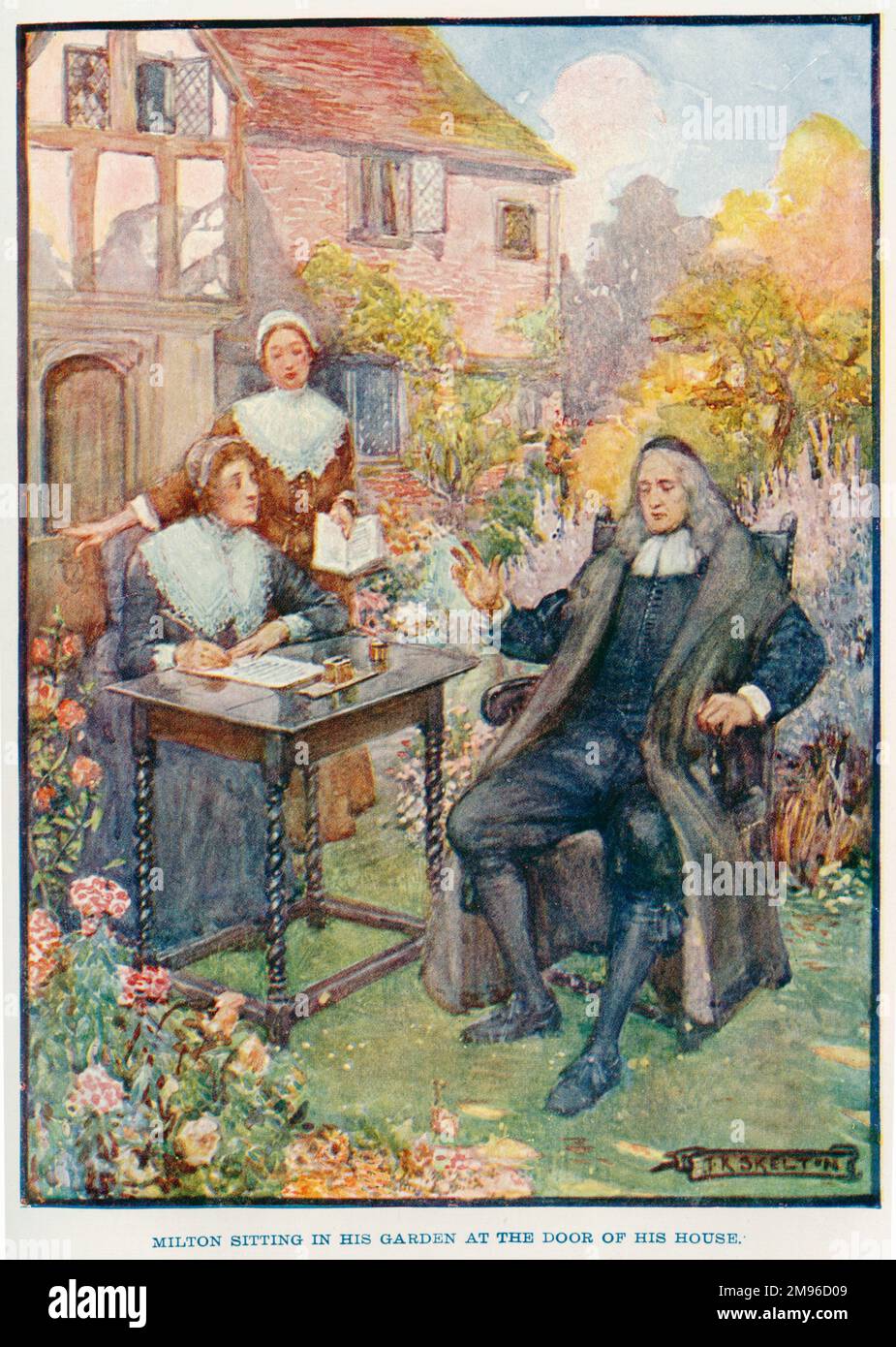 John Milton (1608 - 1674), poeta inglese, seduto nel suo giardino alla porta della sua casa, mentre dettava poesia. Foto Stock