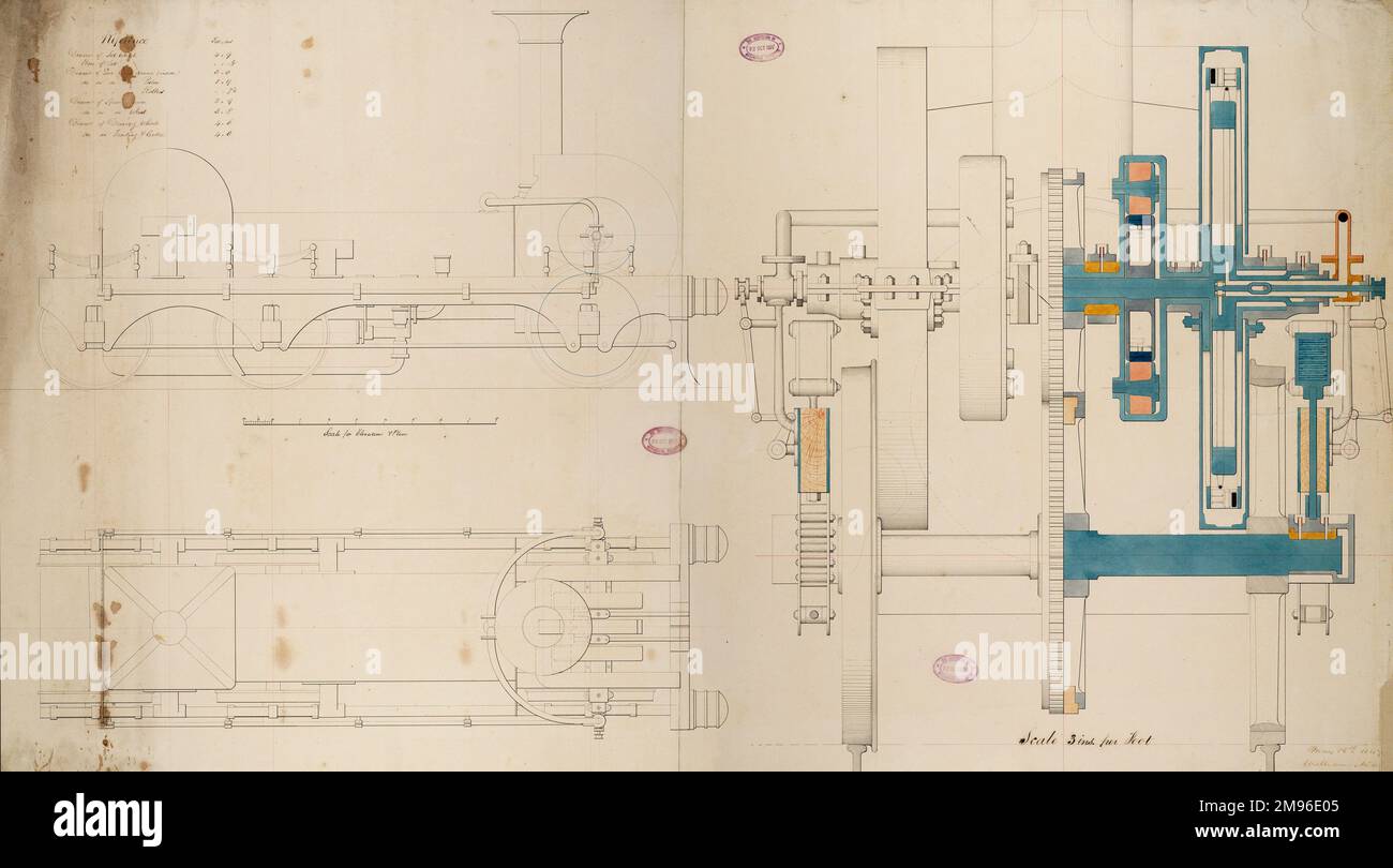 Motore locomotore, ruota motrice da 6 piedi 6 pollici, pianta, elevazione laterale e sezioni trasversali 15 maggio 1849 Foto Stock