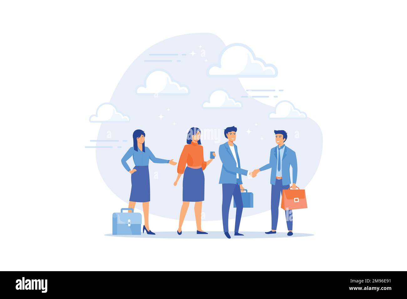 Inserimento di nuovi dipendenti, caloroso benvenuto in un nuovo ufficio, presentazione di nuovi assunti ai colleghi, formazione di orientamento sul concetto del primo giorno, flat vector Modern i Illustrazione Vettoriale