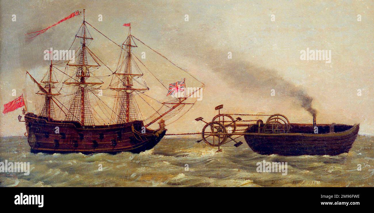 Disegno brevettuale di Jonathan hulls per un rimorchiatore a vapore per trainare navi in porto e fuori porto, 1736 Foto Stock